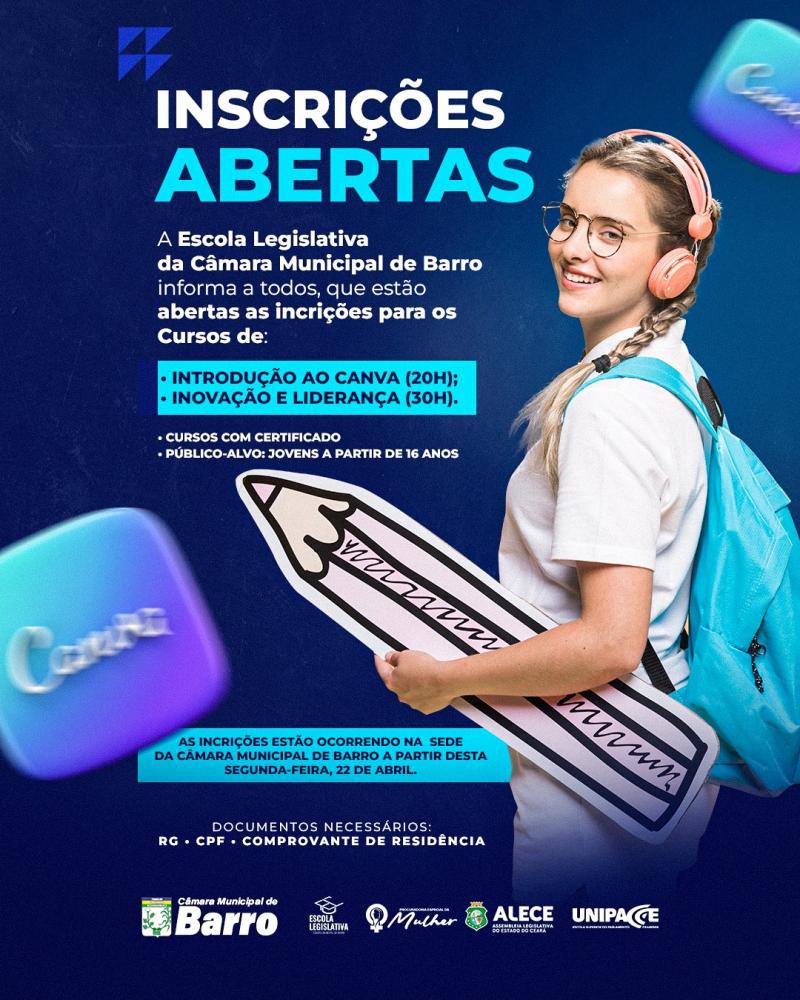 Os cursos serão na modalidade EAD e as inscrições ocorrem na sede da Câmara Municipal,